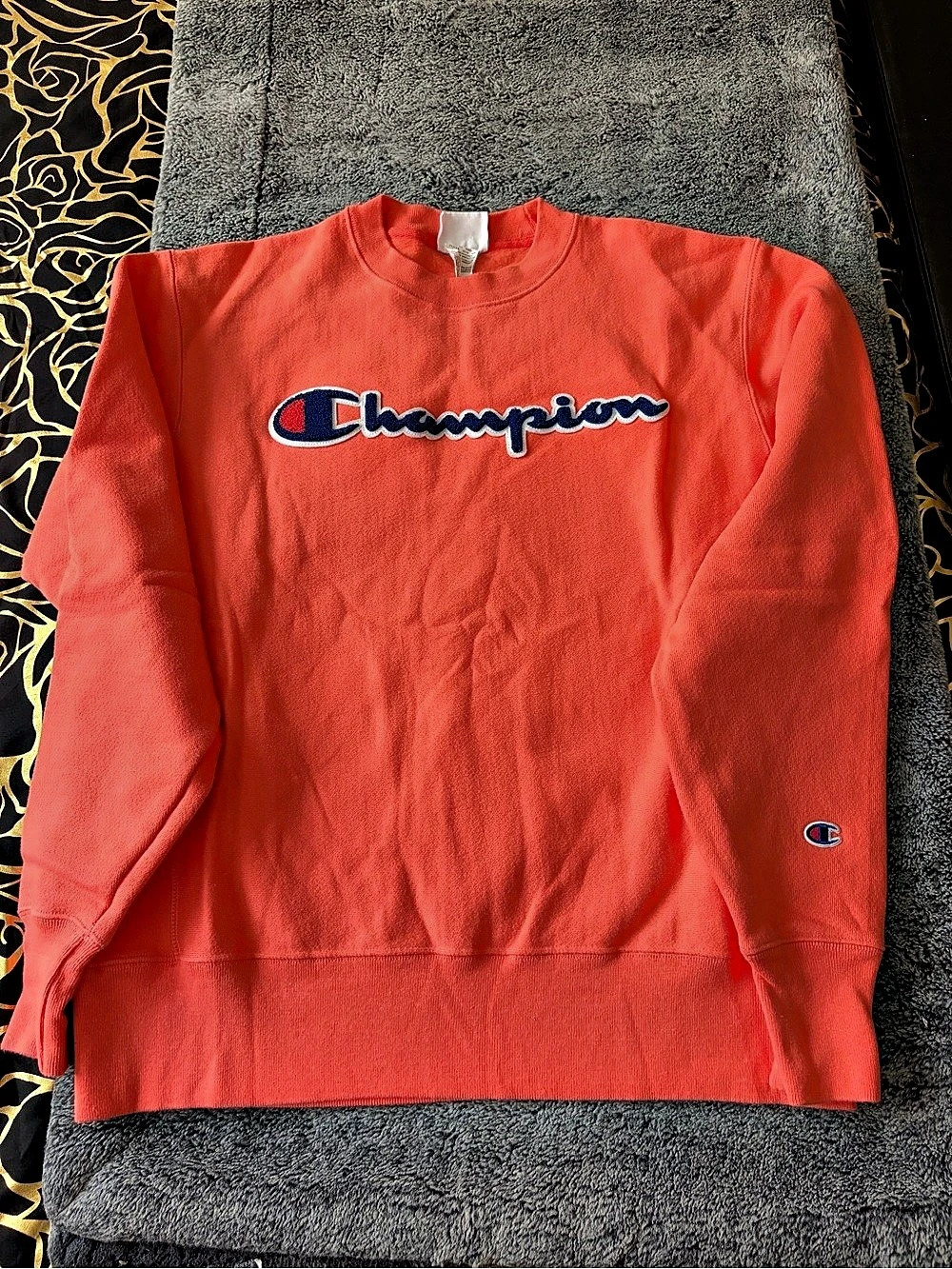 Champion Reverse Weave Chenille Logo Crewneck Sweatshirt Orange Medium